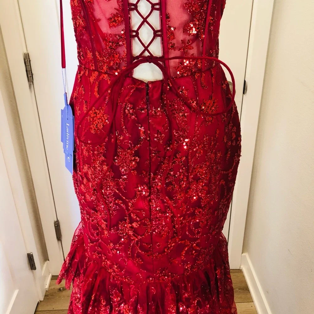 STRAPLESS LAYERED RUFFLE MERMAID DRESS - Picture 6 of 6